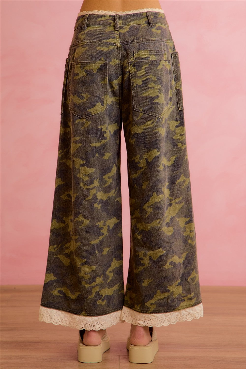 Hidden Romance Camo Crochet Lace Trim Pants