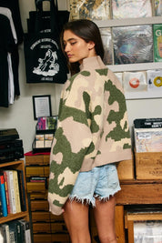 Hideaway Half-Zip Mock-Neck Camo Sweater