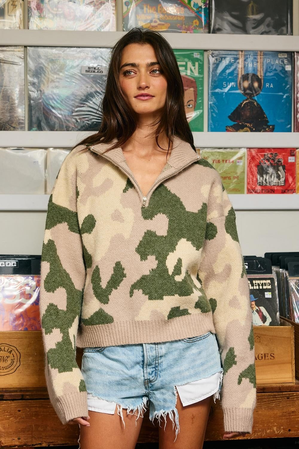 Hideaway Half-Zip Mock-Neck Camo Sweater