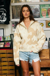 Hideaway Half-Zip Mock-Neck Camo Sweater
