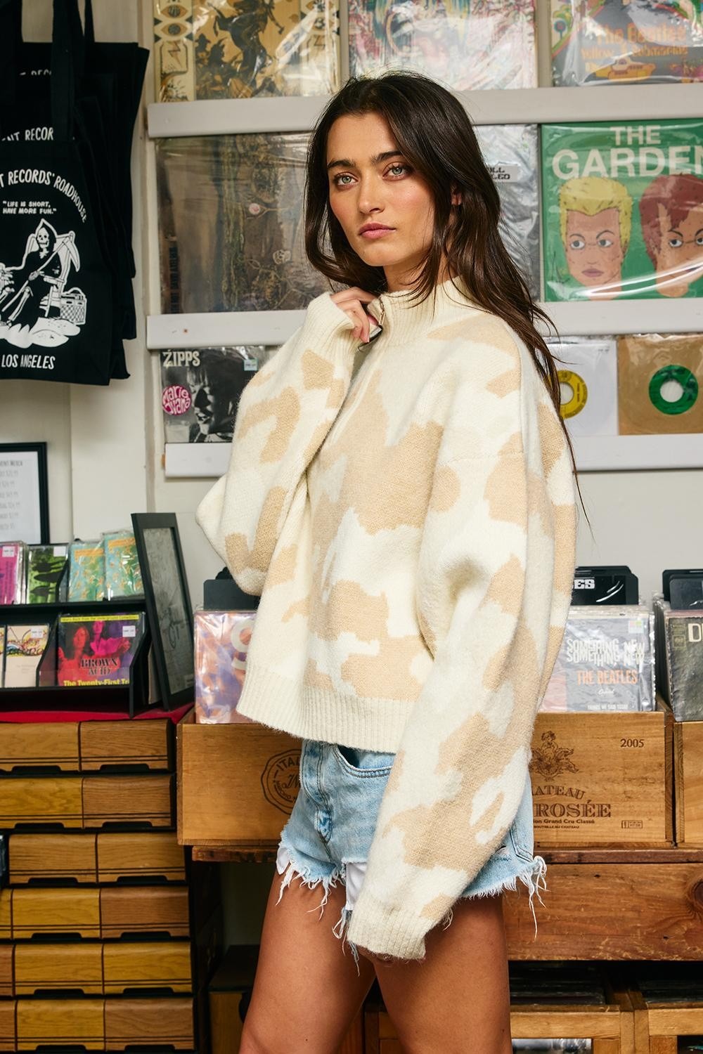 Hideaway Half-Zip Mock-Neck Camo Sweater