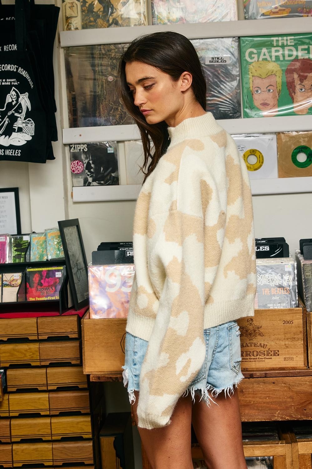 Hideaway Half-Zip Mock-Neck Camo Sweater