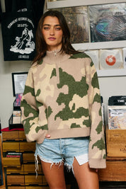 Hideaway Half-Zip Mock-Neck Camo Sweater