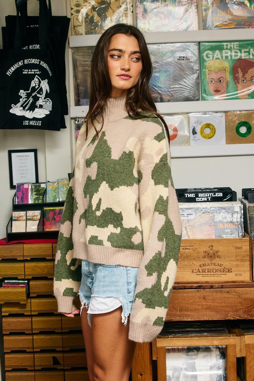 Hideaway Half-Zip Mock-Neck Camo Sweater