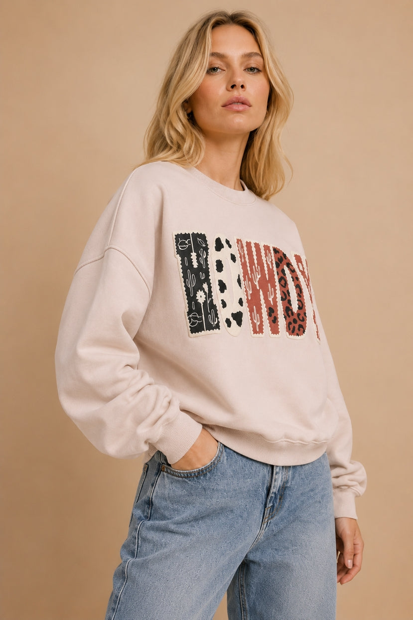 "Howdy" Multi-Pattern Graphic Sweatshirt