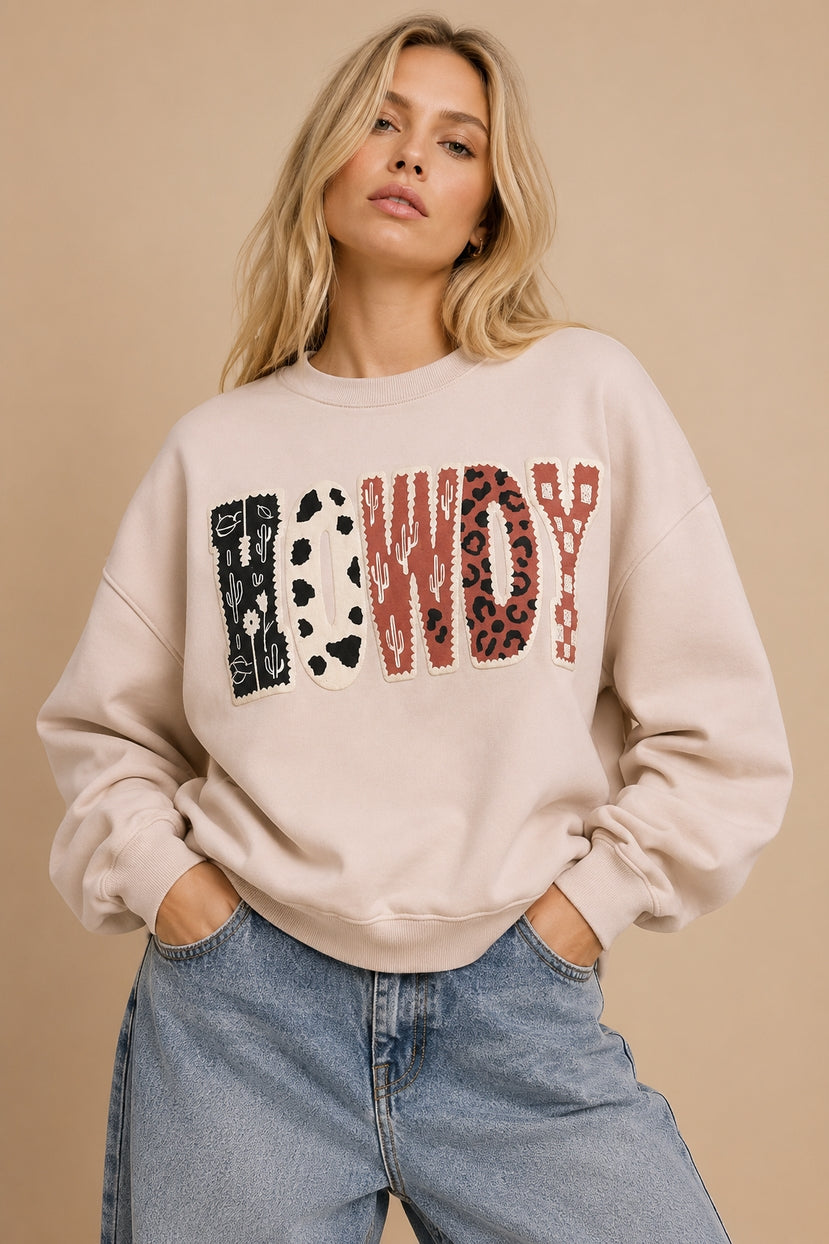 "Howdy" Multi-Pattern Graphic Sweatshirt