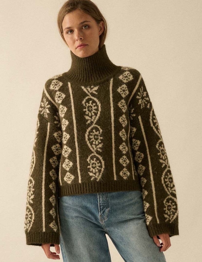 Idyllwild Abstract Jacquard Fuzzy Mock-Neck Sweater