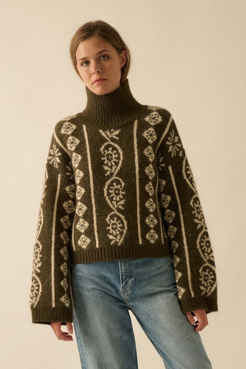 Idyllwild Abstract Jacquard Fuzzy Mock-Neck Sweater