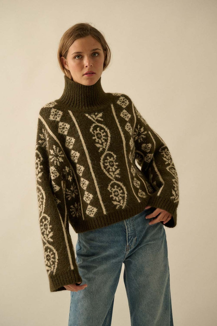 Idyllwild Abstract Jacquard Fuzzy Mock-Neck Sweater