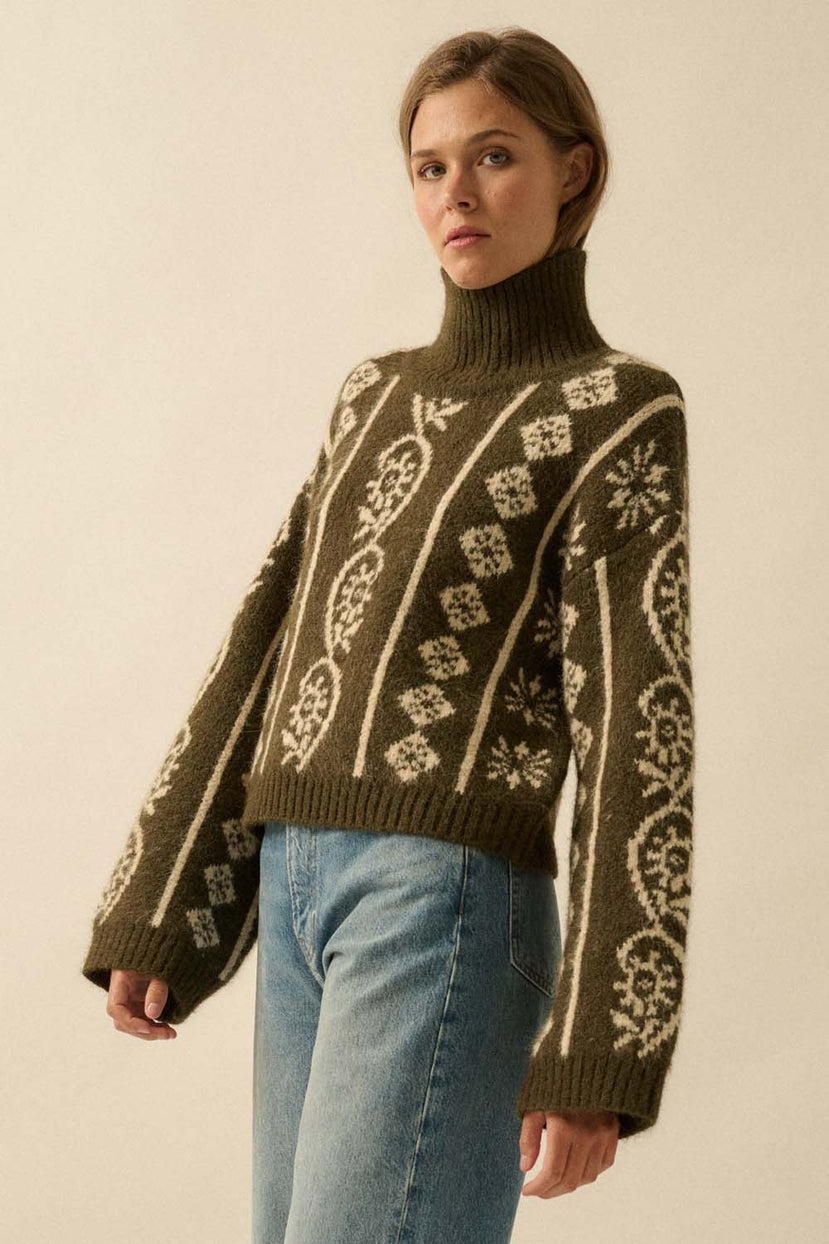 Idyllwild Abstract Jacquard Fuzzy Mock-Neck Sweater