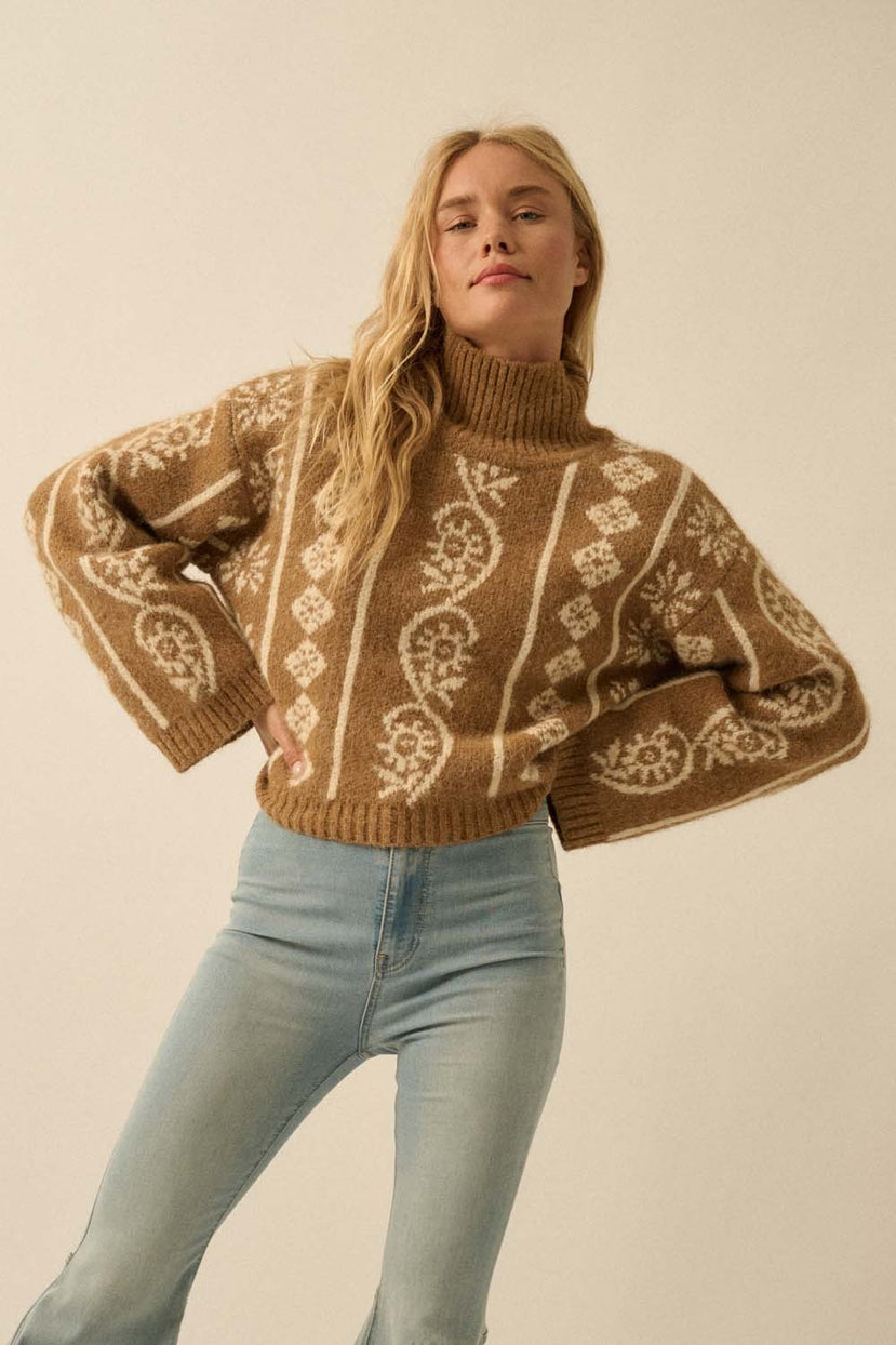 Idyllwild Abstract Jacquard Fuzzy Mock-Neck Sweater