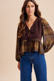 Janus Contrast Plaid Sleeve Tie-Front Blouse