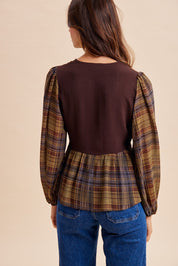 Janus Contrast Plaid Sleeve Tie-Front Blouse
