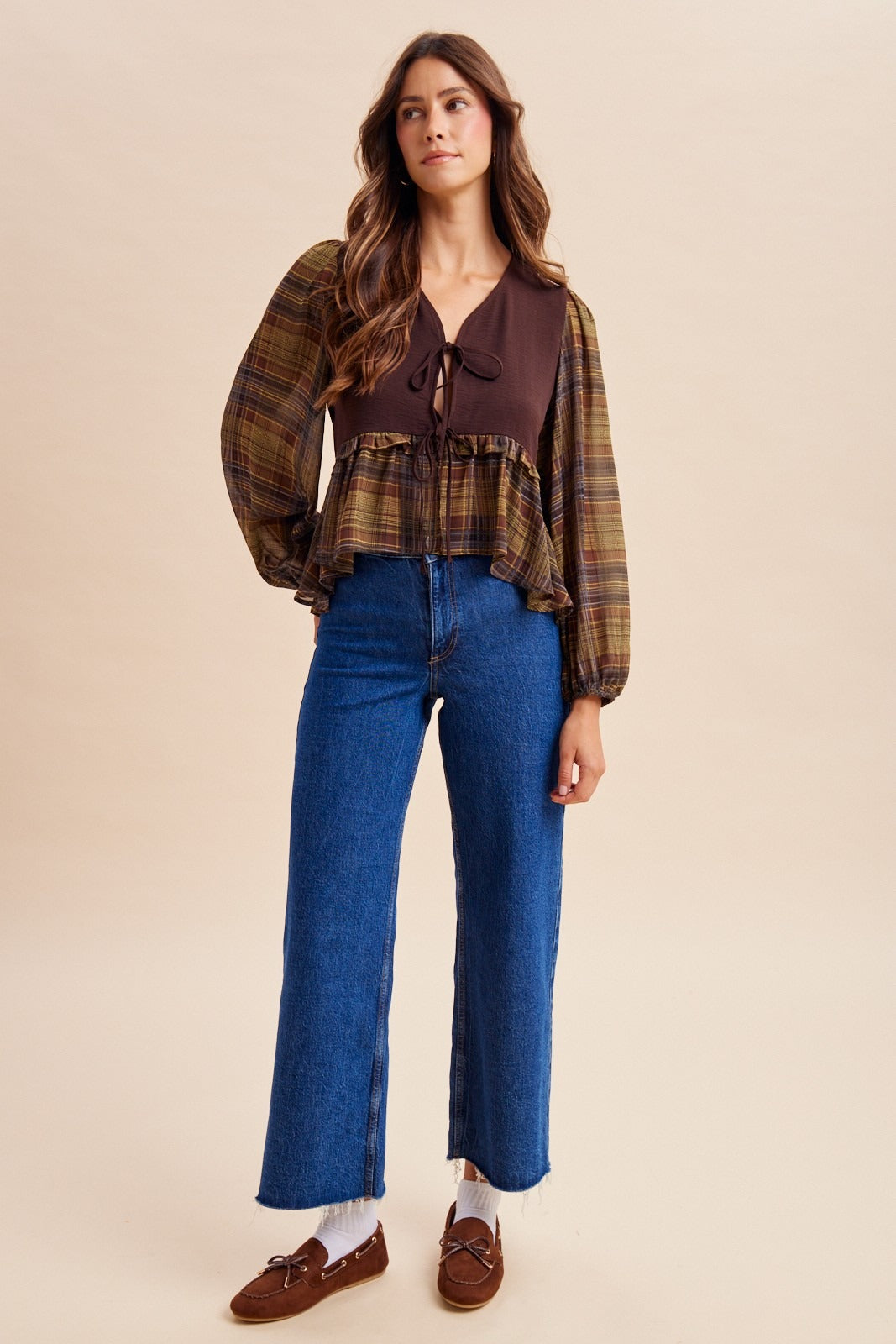 Janus Contrast Plaid Sleeve Tie-Front Blouse