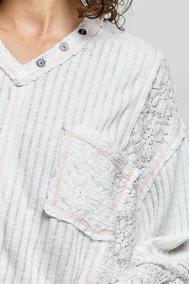 Late Checkout Mixed Texture V-Neck Top