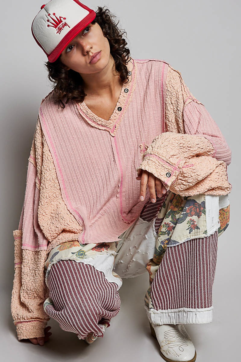 Late Checkout Mixed Texture V-Neck Top