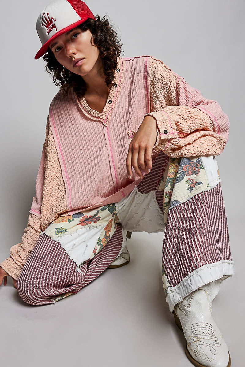 Late Checkout Mixed Texture V-Neck Top