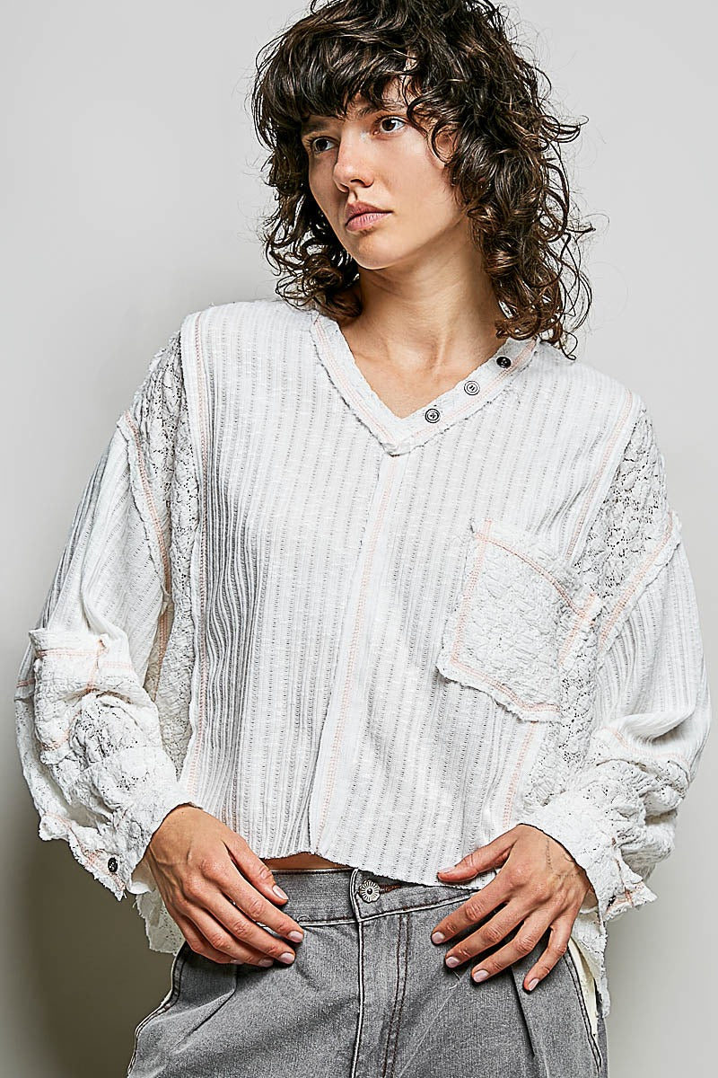 Late Checkout Mixed Texture V-Neck Top