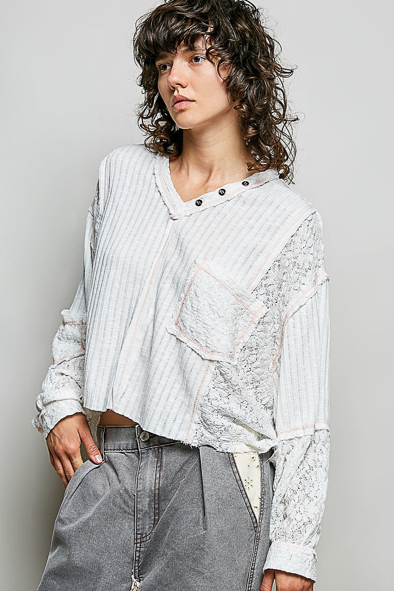 Late Checkout Mixed Texture V-Neck Top