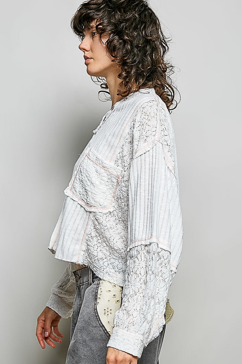 Late Checkout Mixed Texture V-Neck Top