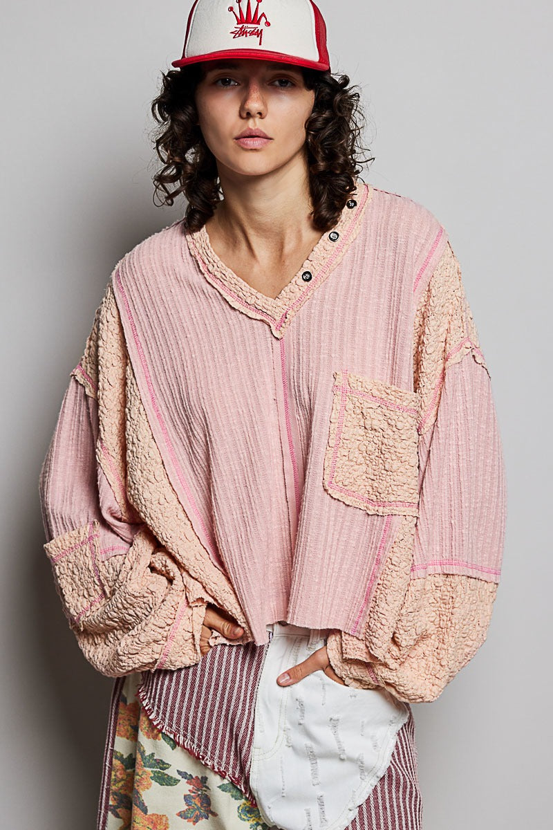 Late Checkout Mixed Texture V-Neck Top