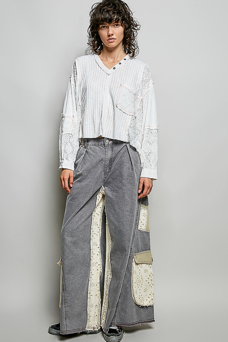 Late Checkout Mixed Texture V-Neck Top