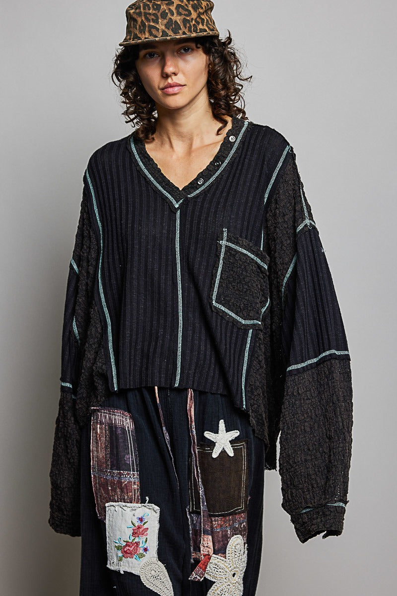 Late Checkout Mixed Texture V-Neck Top