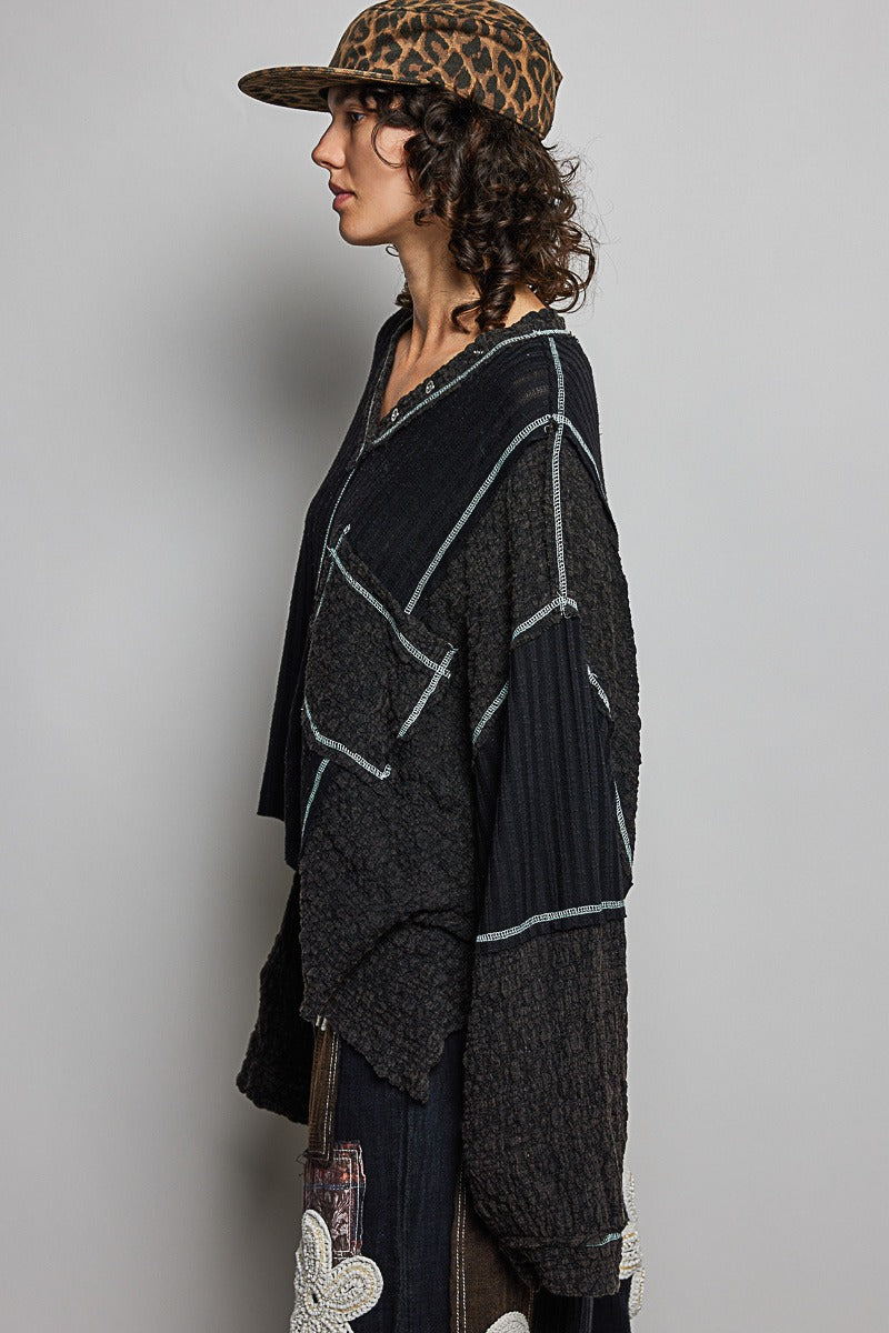 Late Checkout Mixed Texture V-Neck Top