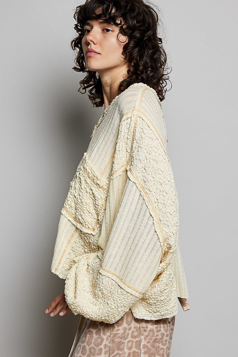Late Checkout Mixed Texture V-Neck Top