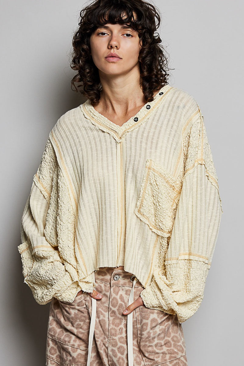 Late Checkout Mixed Texture V-Neck Top