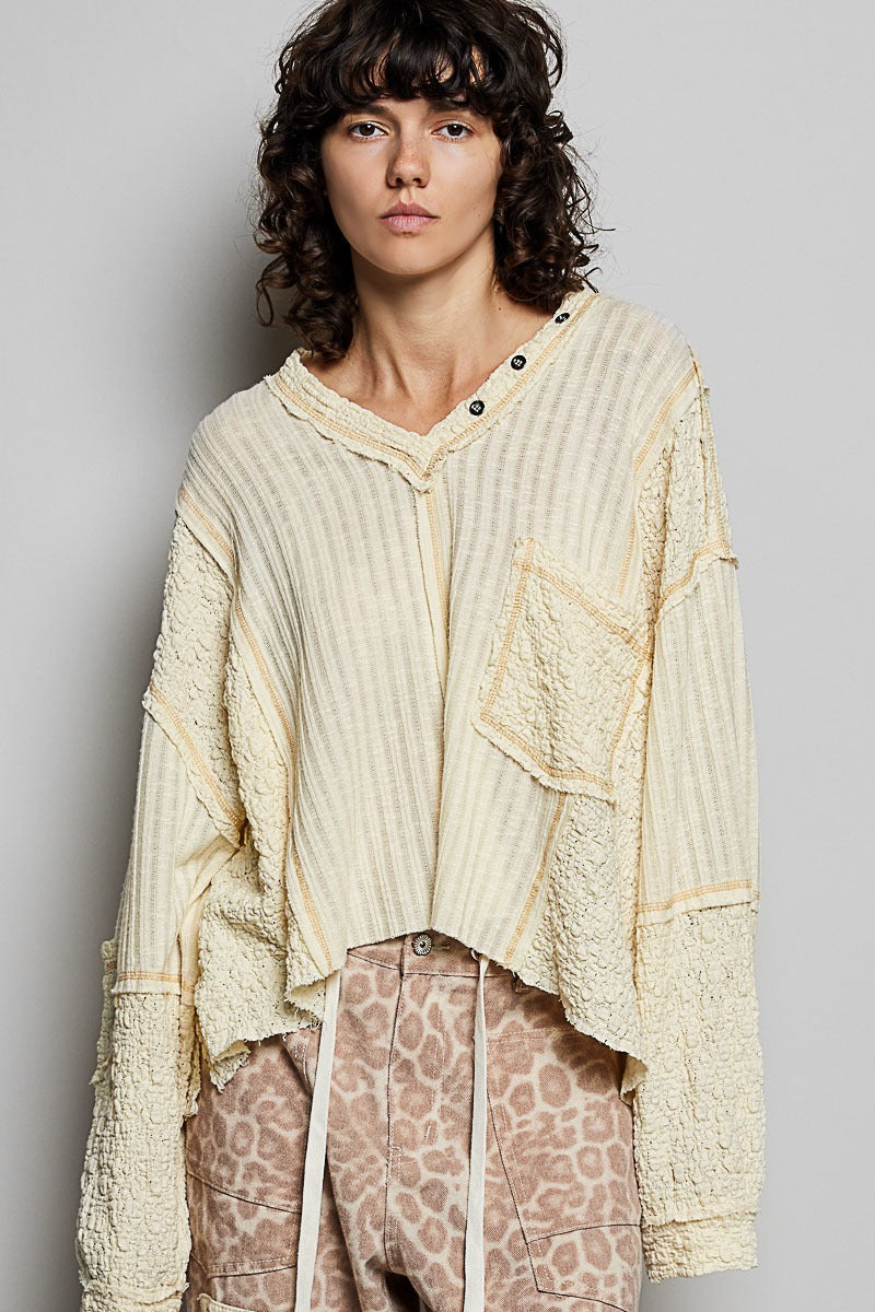 Late Checkout Mixed Texture V-Neck Top