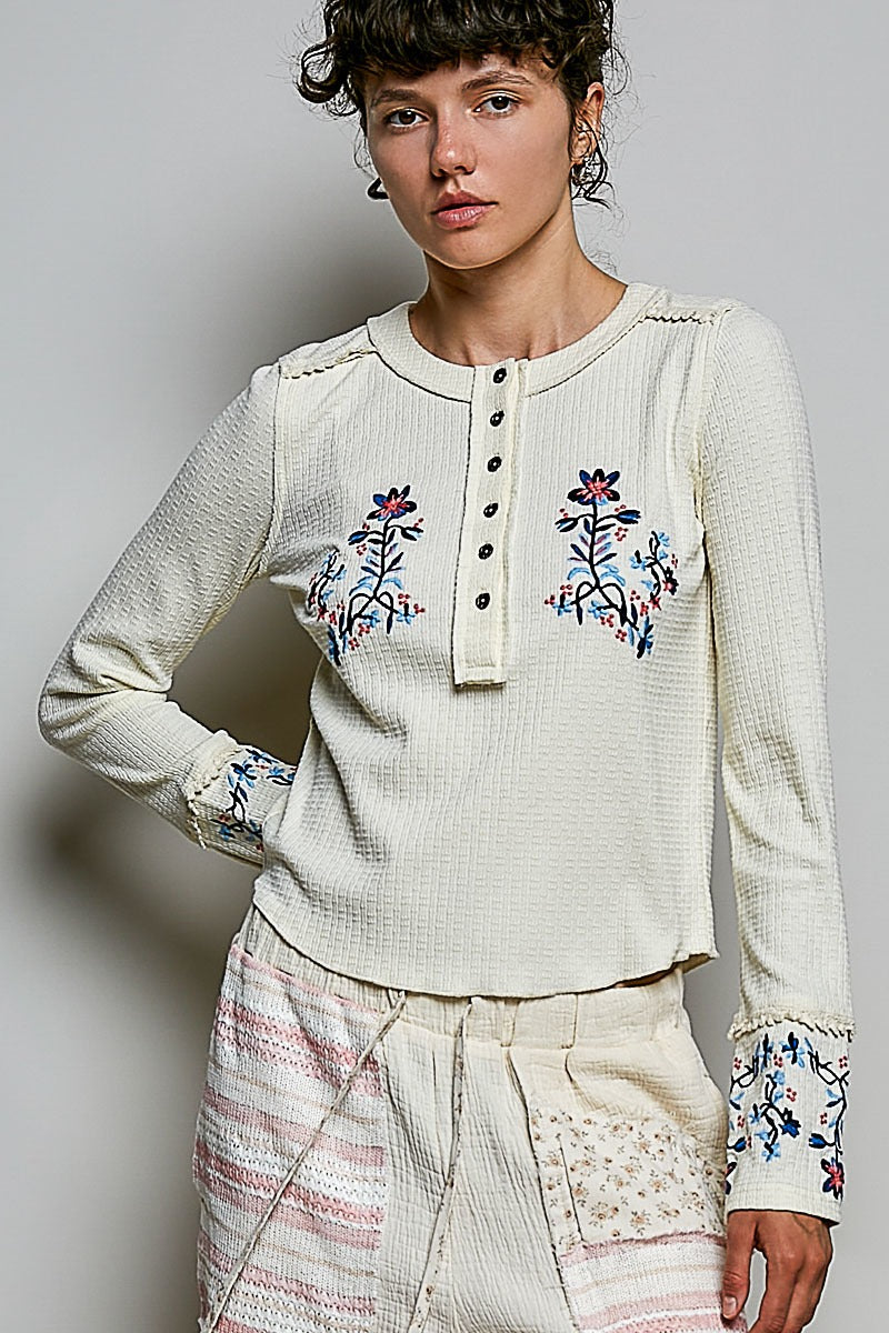 Little Darling Floral Embroidered Henley