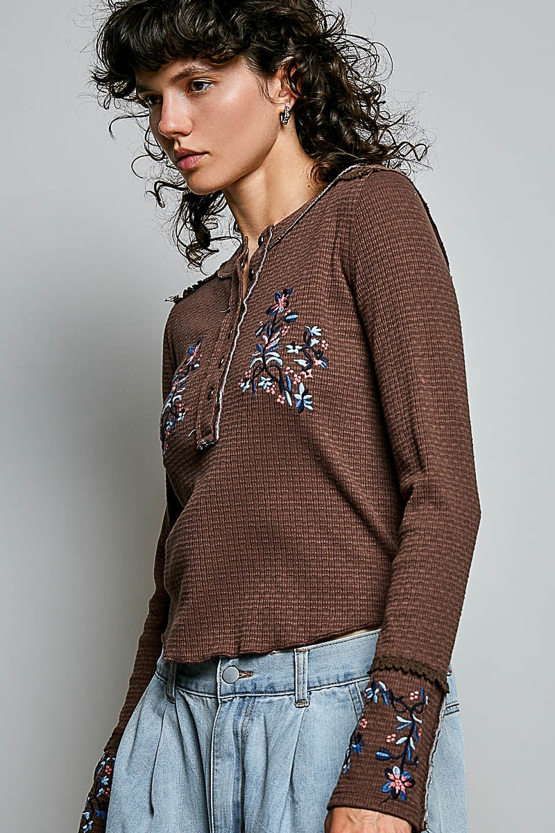 Little Darling Floral Embroidered Henley
