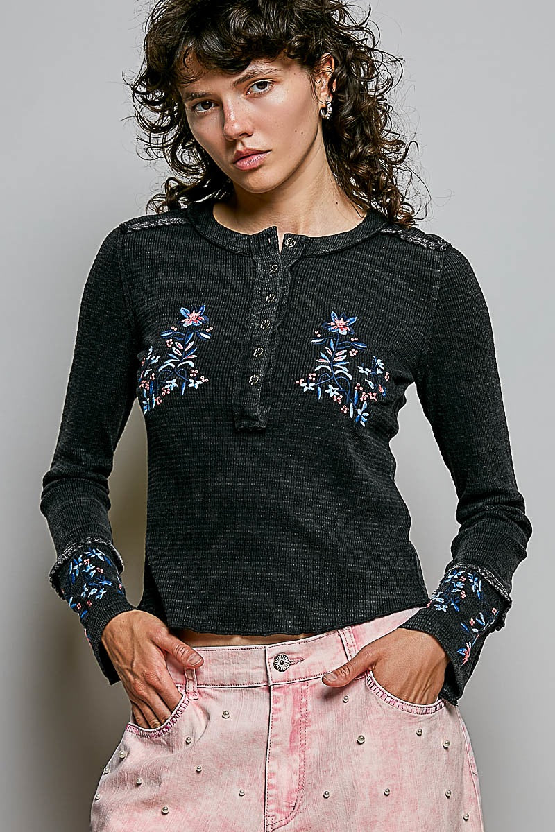 Little Darling Floral Embroidered Henley