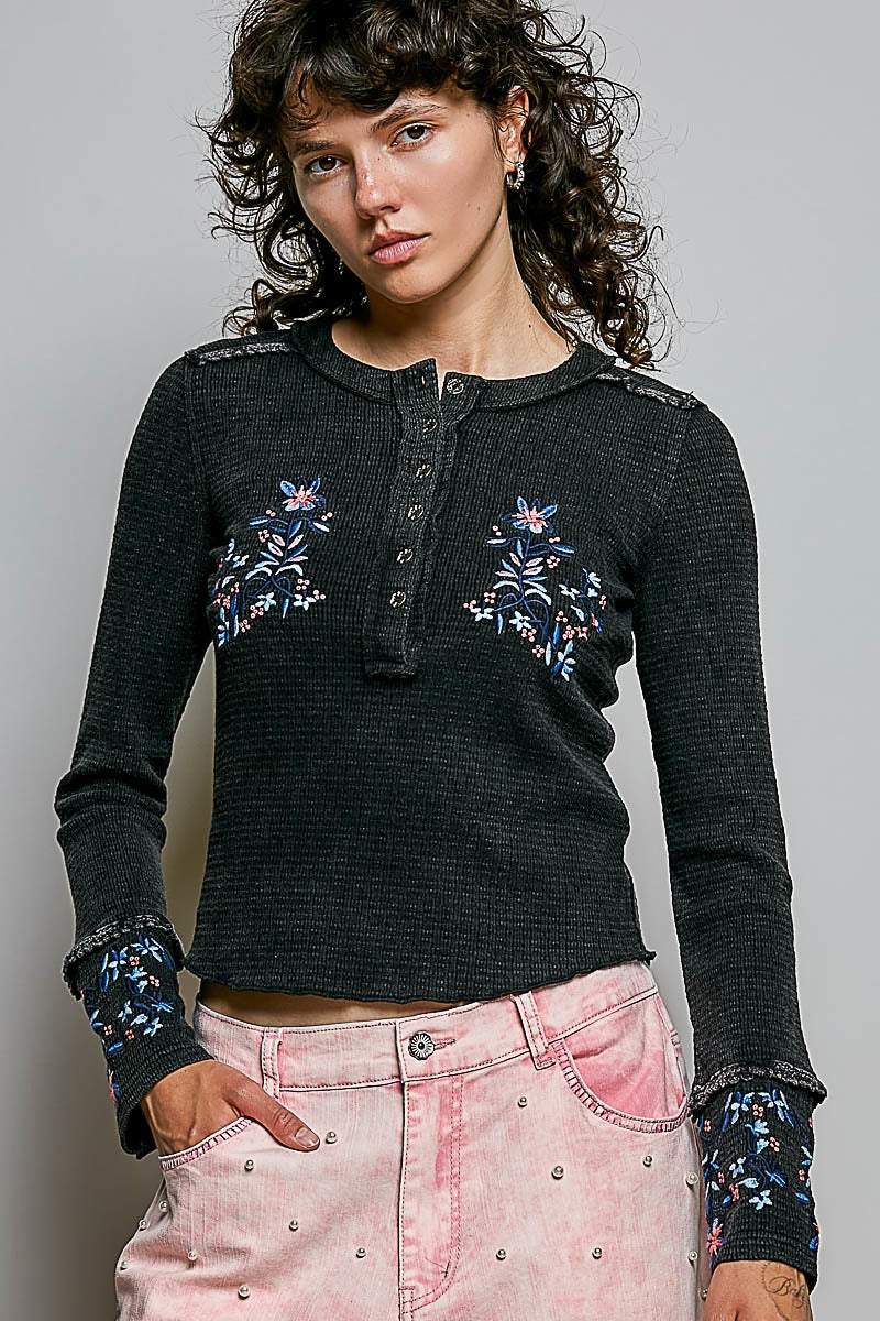 Little Darling Floral Embroidered Henley