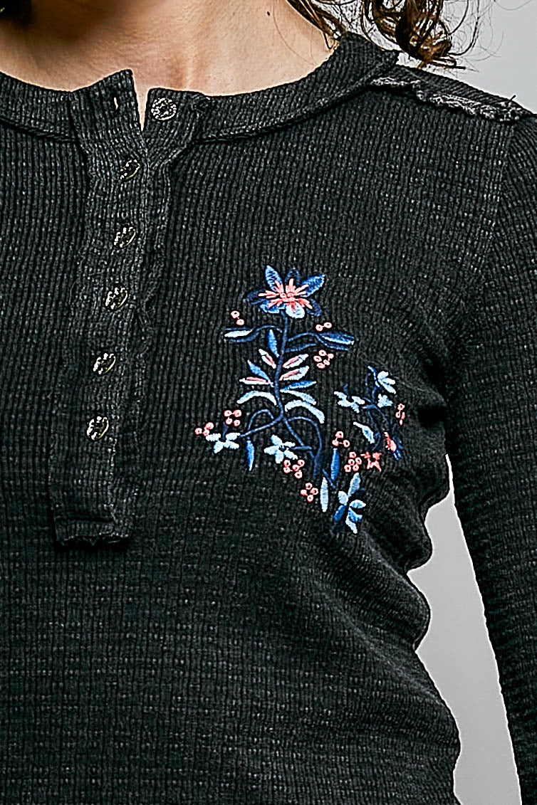 Little Darling Floral Embroidered Henley