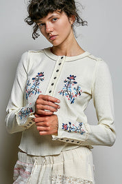 Little Darling Floral Embroidered Henley