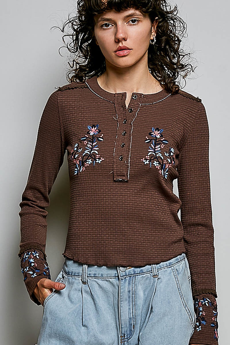 Little Darling Floral Embroidered Henley