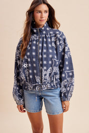 Marcy Bandana Print Drawstring Waist Bomber Jacket