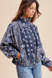 Marcy Bandana Print Drawstring Waist Bomber Jacket