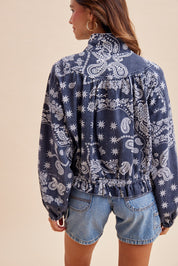 Marcy Bandana Print Drawstring Waist Bomber Jacket