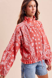 Marcy Bandana Print Drawstring Waist Bomber Jacket