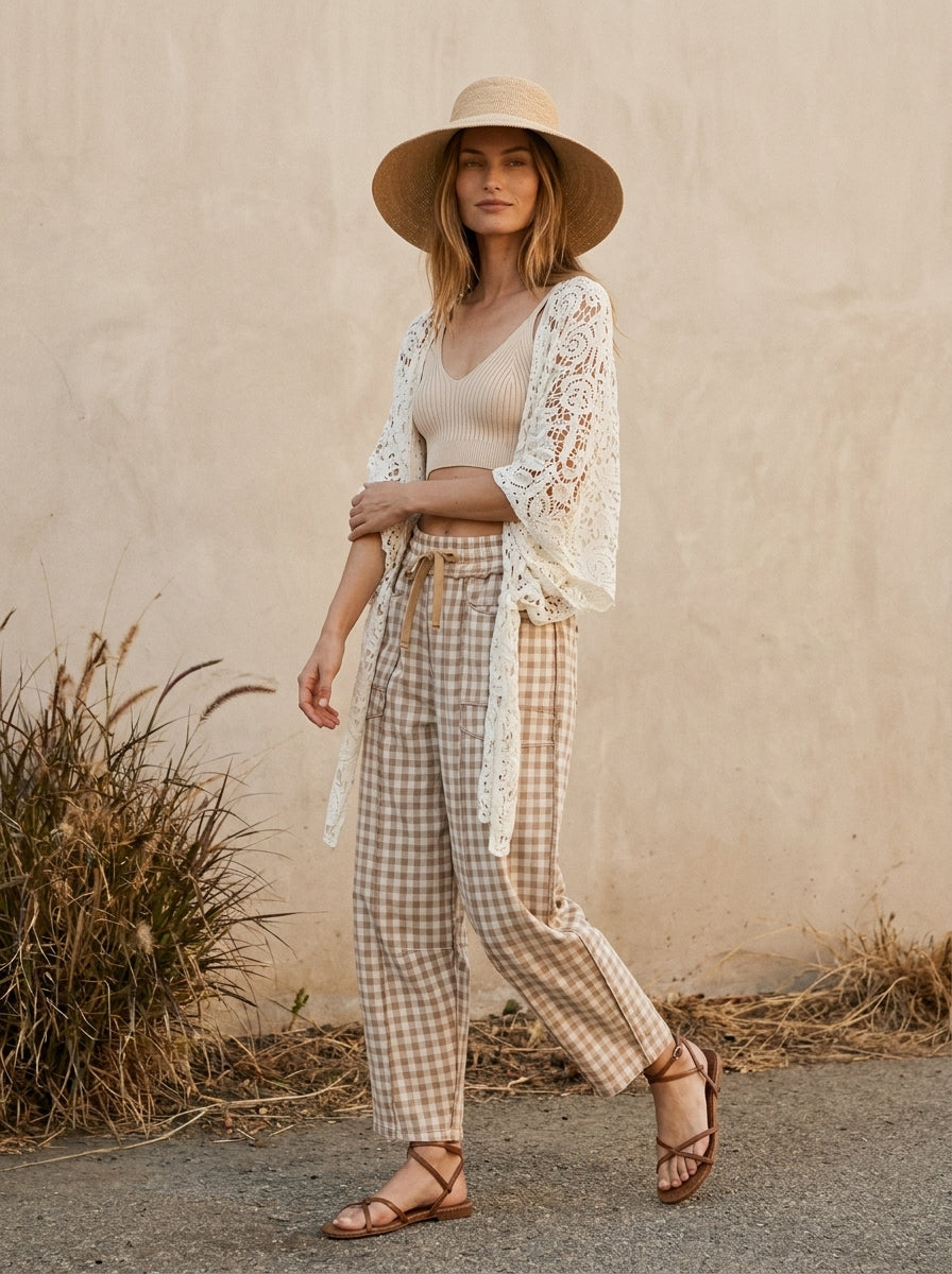 Maren Soft Brushed Gingham Barrel Fit Utility Pants