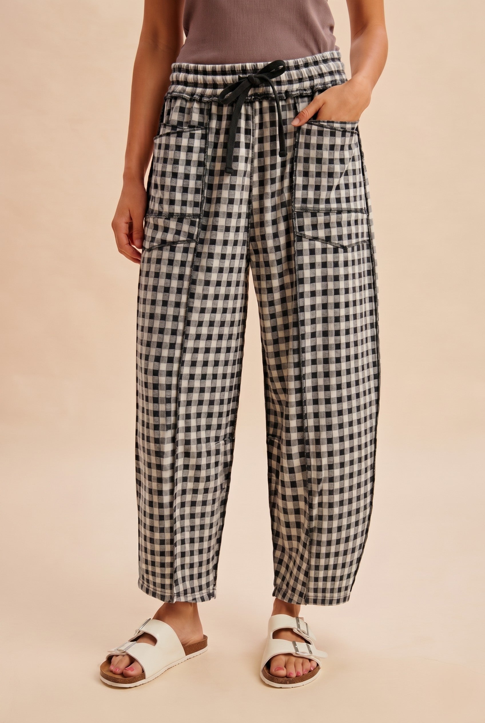 Maren Soft Brushed Gingham Barrel Fit Utility Pants