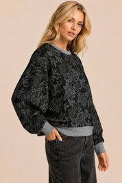 Midnight Garden Floral Print Drop Shoulder Sweater