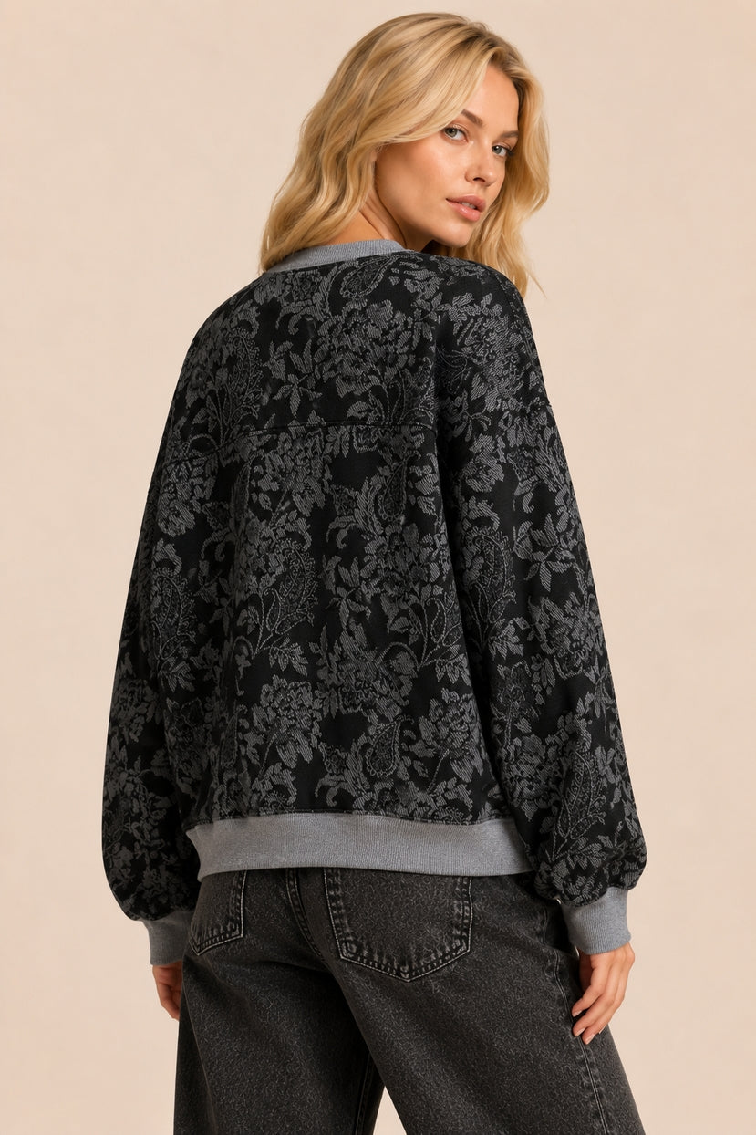 Midnight Garden Floral Print Drop Shoulder Sweater