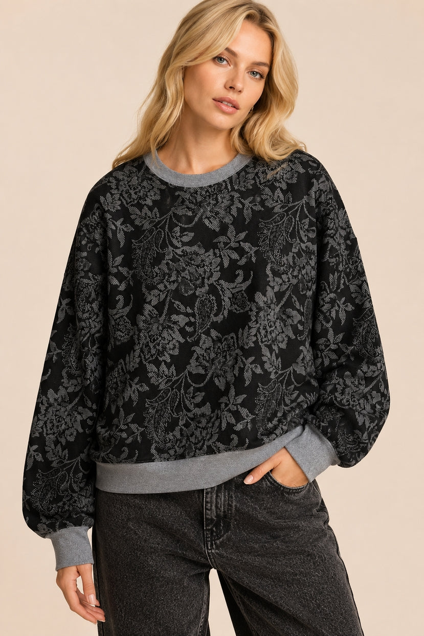 Midnight Garden Floral Print Drop Shoulder Sweater