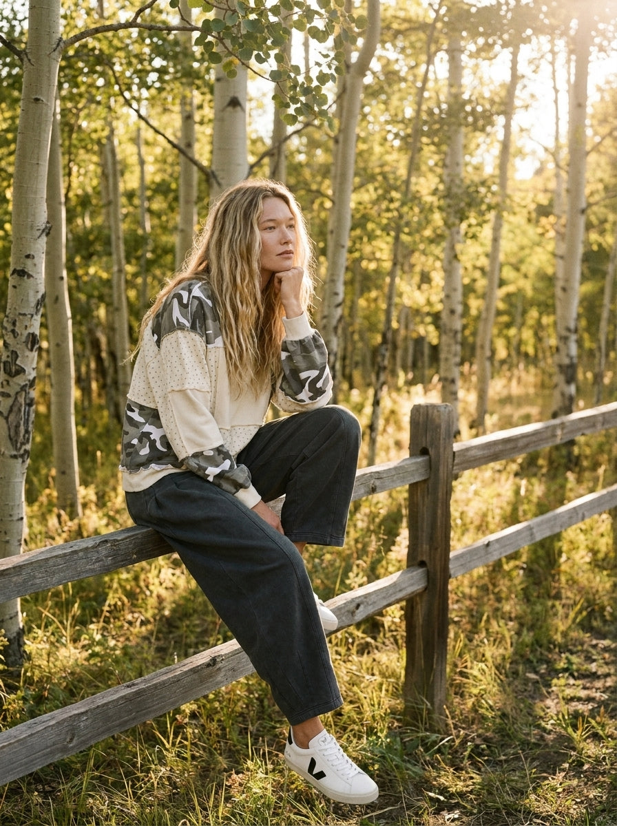 Mixed Signals Multi-Fabric Camo Patchwork Pullover