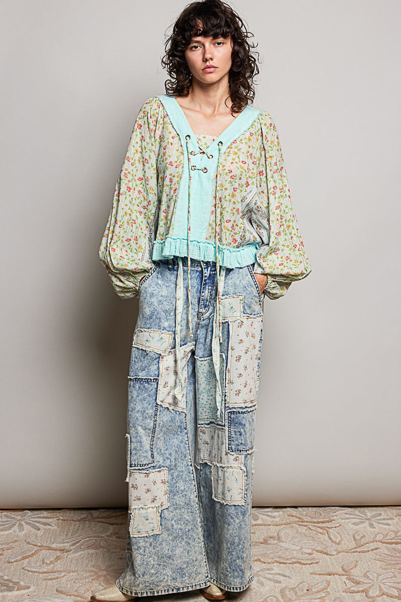 Nell Lace-Up Patchwork Top