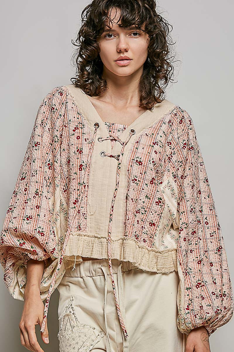 Nell Lace-Up Patchwork Top